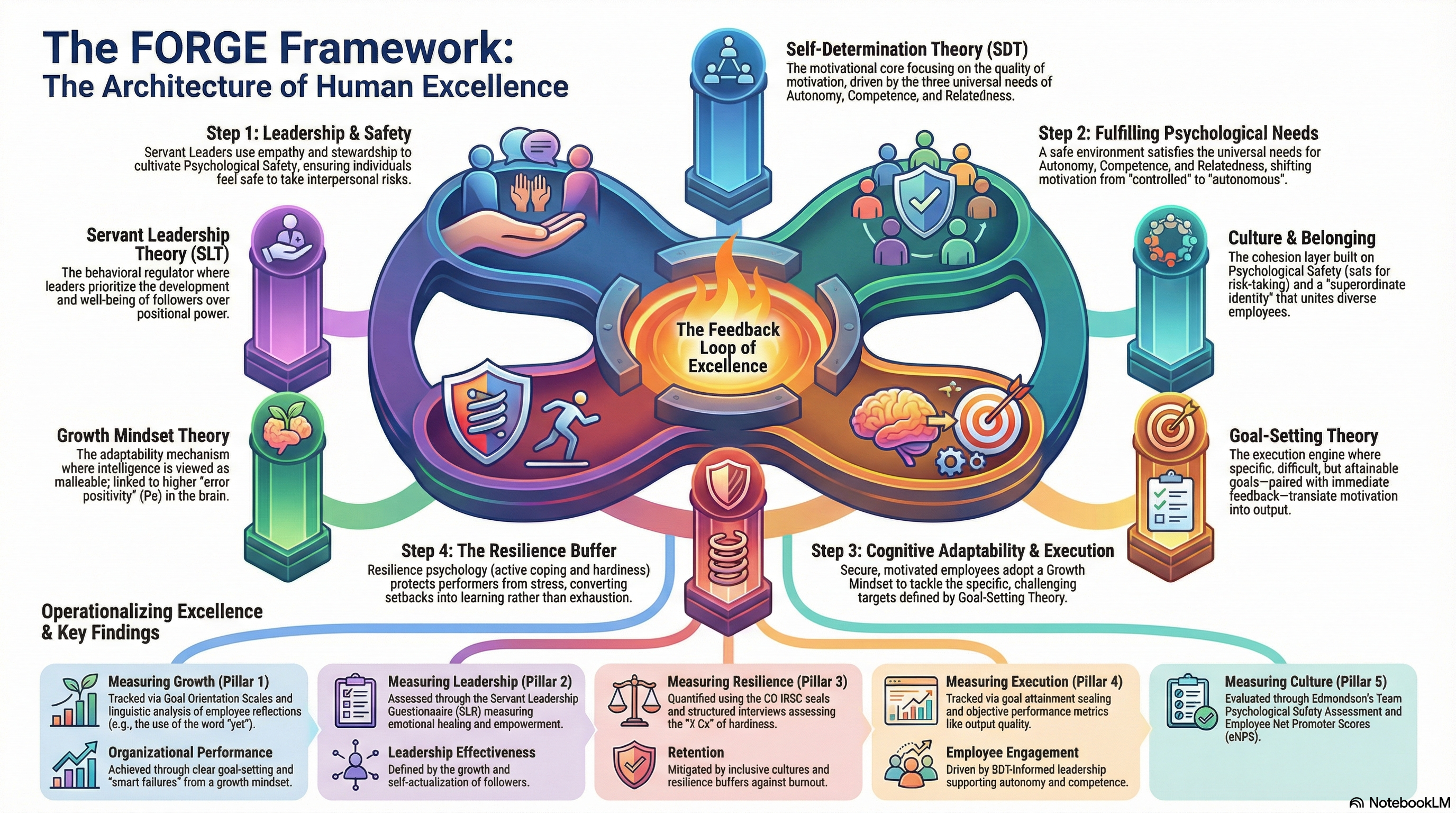 FORGE OS framework diagram showing pillars and the feedback loop of excellence.